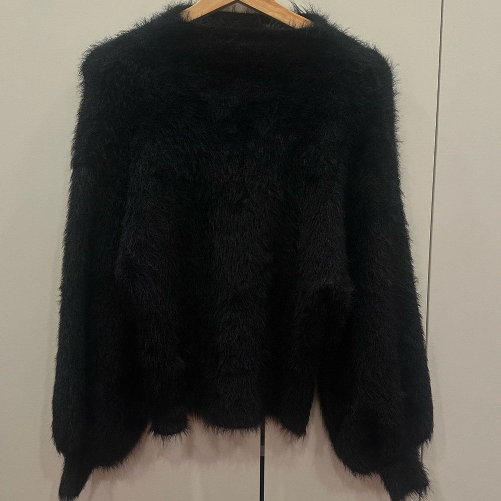 Line And Dot Long Sleeve Black Mock Neck Faux Fur Sweater